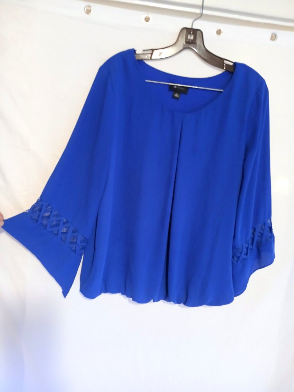 AB Studio Royal Blue Lace Cutout Sleeve Blouse Shirt Top L Boho Dressy Casual